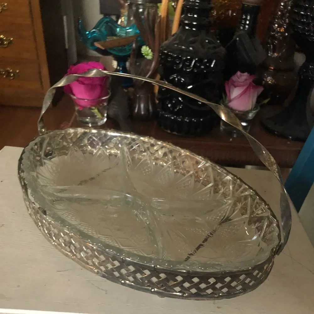 Vintage Silver & Glass Divided Dish Serving Platter